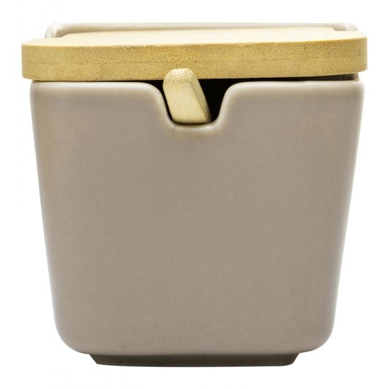 Saleiro 11cm De Largura Por 10cm De Altura De Cerâmica Cor Areia Com Tampa E Colher De Bambu